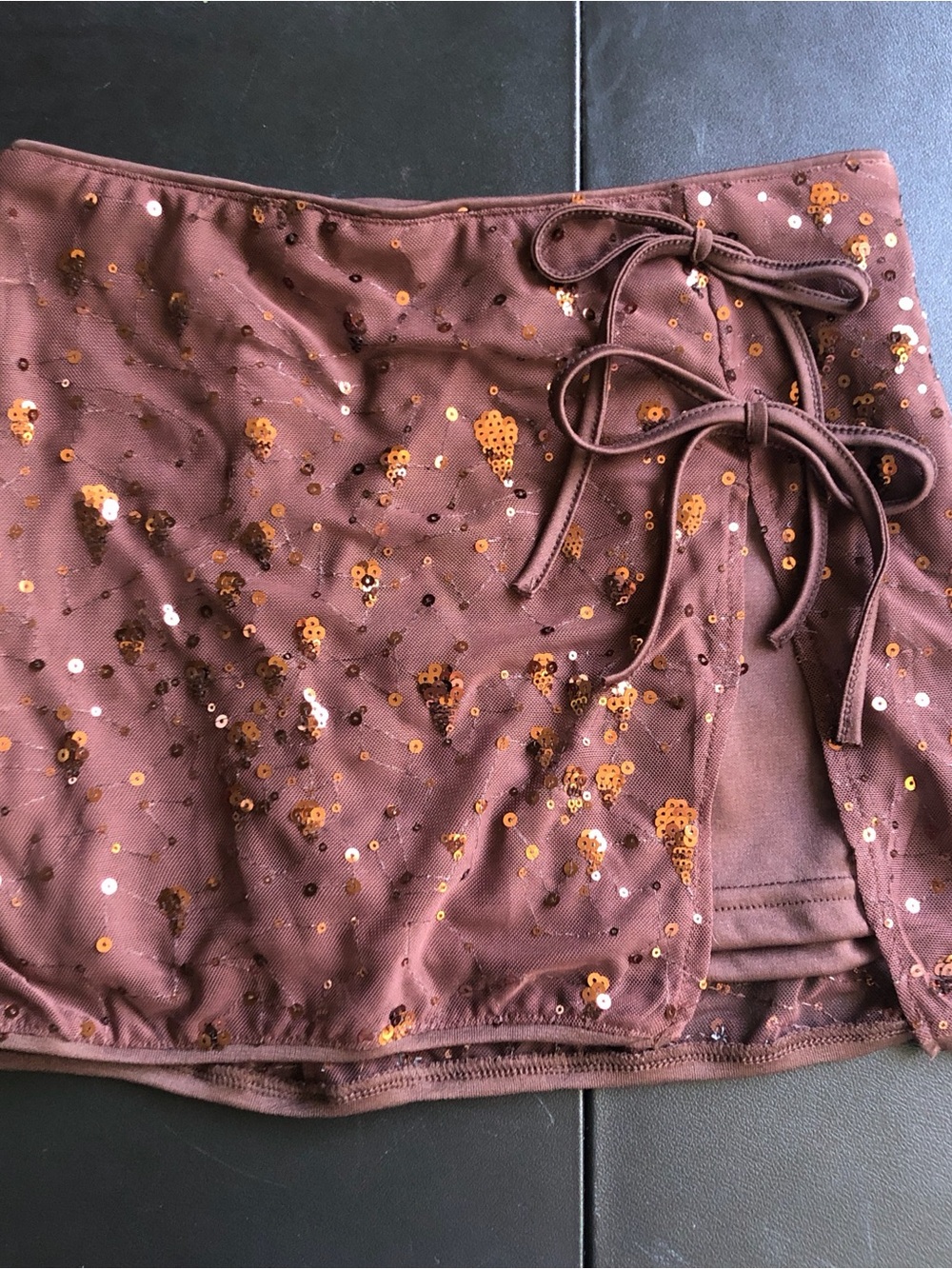 Brown Sequin Tie-Side Mini Skirt